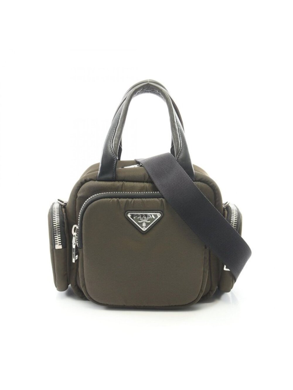 Prada Handbag Tessuto Pocket Khaki Black Nylon Leather Triangle Logo 2-Way
